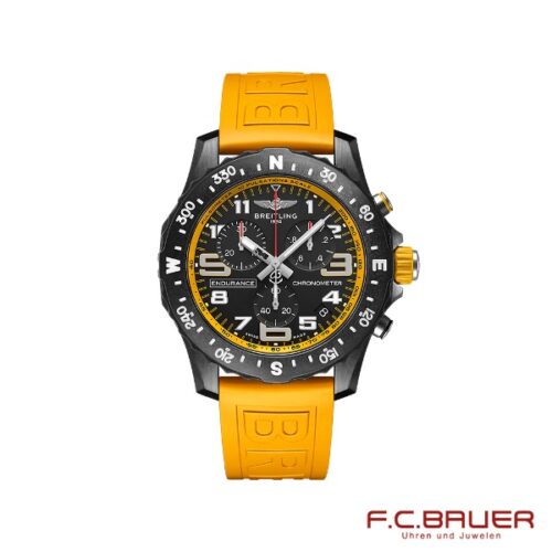 Eine schwarze Breitling - Professional Endurance Pro x82310a41b1s1-gelb-11555975 Chronographenuhr mit einem auffälligen gelben Gummiarmband und einer Lünette. Die Uhr verfügt über ein elegantes schwarzes Zifferblatt mit leuchtenden Zeigern, Hilfszifferblättern und weißen arabischen Ziffern. Das Logo „F.C. Bauer Uhren und Juwelen - Juwelier Bauer in München“ erscheint unten rechts in Rot und verleiht der Uhr einen zusätzlichen Hauch von Eleganz.
