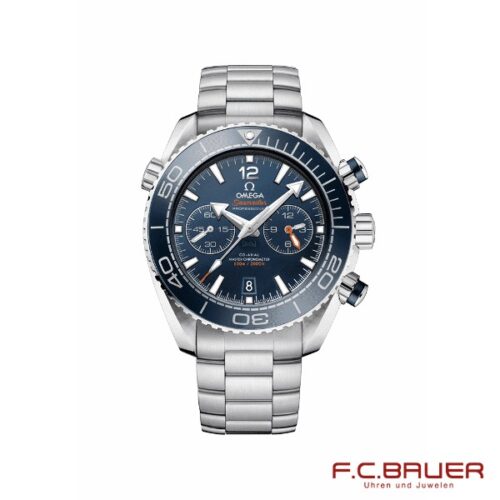 Ein Omega Seamaster Planet Ocean Co-Axial Master Chronometer Chronograph 600m 215-30-46-51-03-001-4483 mit silbernem Gehäuse, Edelstahlarmband und dunkelblauem Zifferblatt. Das Zifferblatt umfasst drei Hilfszifferblätter, eine Datumsanzeige und silberne Zeiger. Die prestigeträchtige Herkunft von Juwelier Bauer in München wird durch „F.C. Bauer Uhren und Juwelen“ in roter Schrift in der unteren rechten Ecke hervorgehoben.